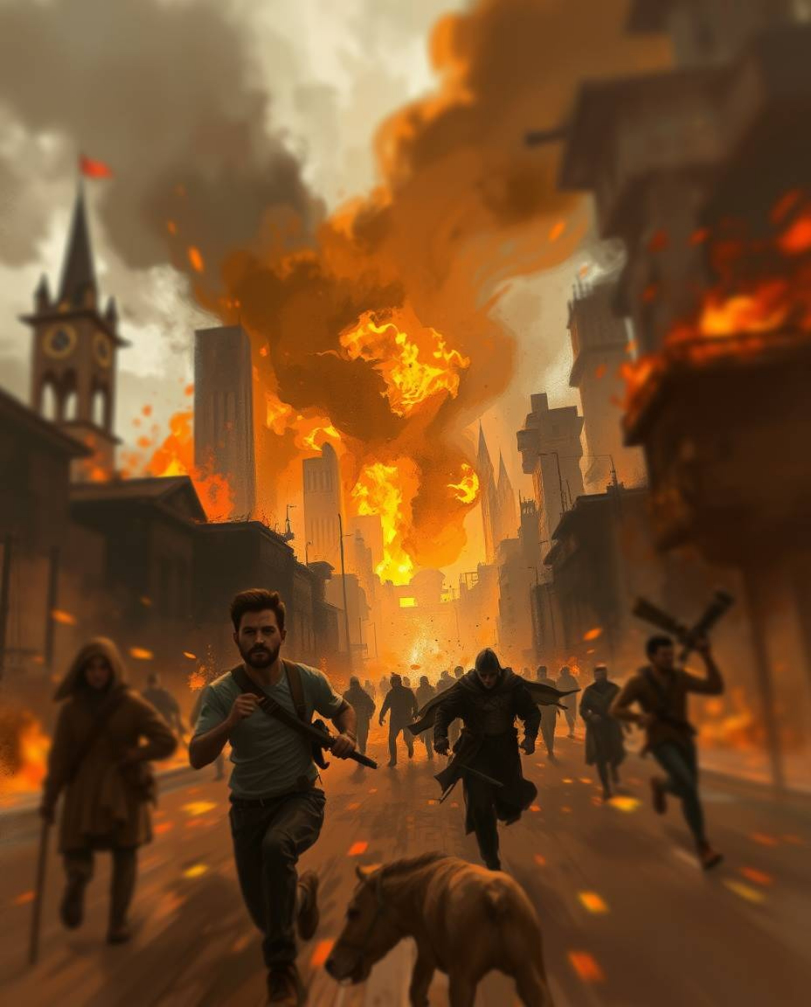 A dynamic digital sketch depicting a city engulfed in flames with people fleeing, utilizing loose painterly strokes and a blu