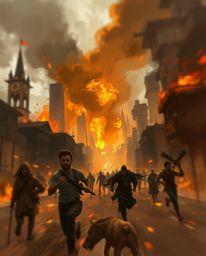 A dynamic digital sketch depicting a city engulfed in flames with people fleeing, utilizing loose painterly strokes and a blu
