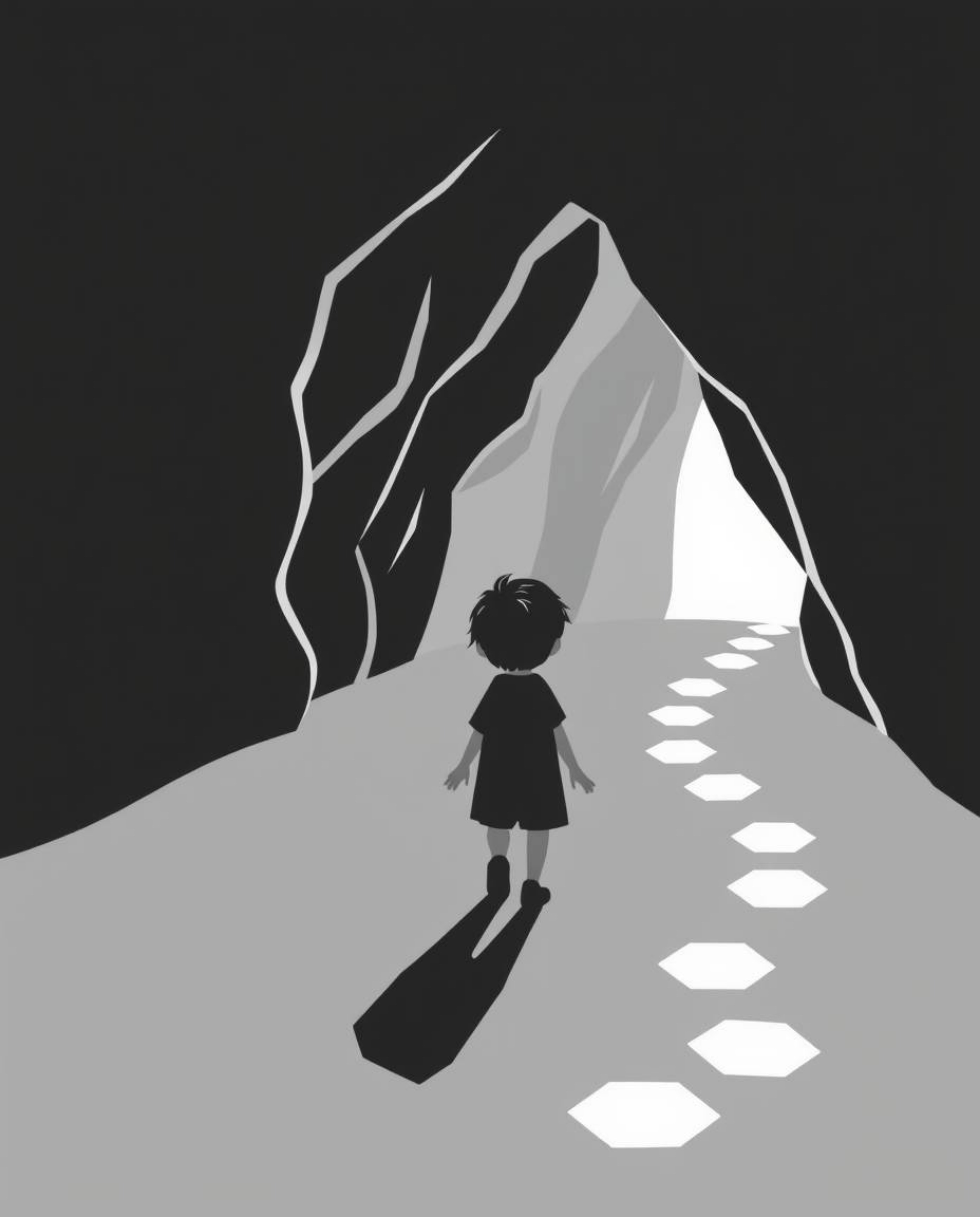 This captivating black and white flat design illustration depicts a child with dark hair embarking on an adventure into a cav