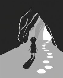 This captivating black and white flat design illustration depicts a child with dark hair embarking on an adventure into a cav