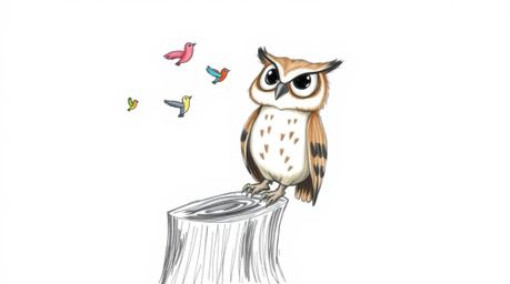 A heartwarming, hand-drawn sketch in the style of Pixar depicts a blind owl with soft brown feathers and a kind expression, p
