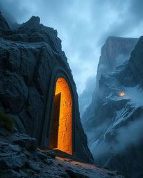 Experience the majesty of an ancient doorway, glowing with ethereal runes, embedded in a towering mountain. Captured from a h