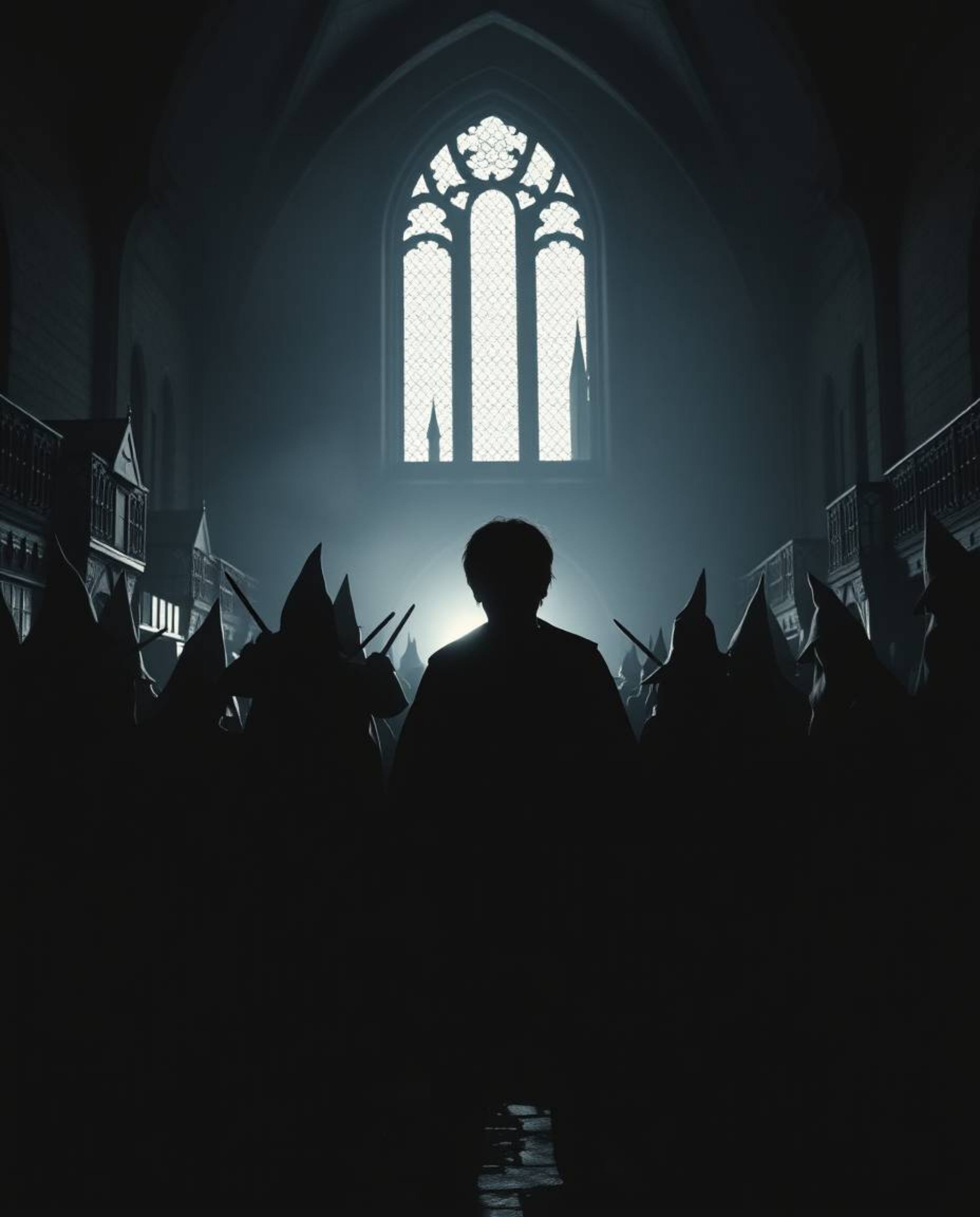 This image depicts a magical school filled with young wizards, utilizing silhouetted backlighting to create an eerie and cree