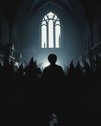 This image depicts a magical school filled with young wizards, utilizing silhouetted backlighting to create an eerie and cree
