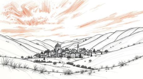 Discover a captivating surreal hand-drawn sketch of a cozy village nestled in a vibrant valley.  Rendered in infrared tones w