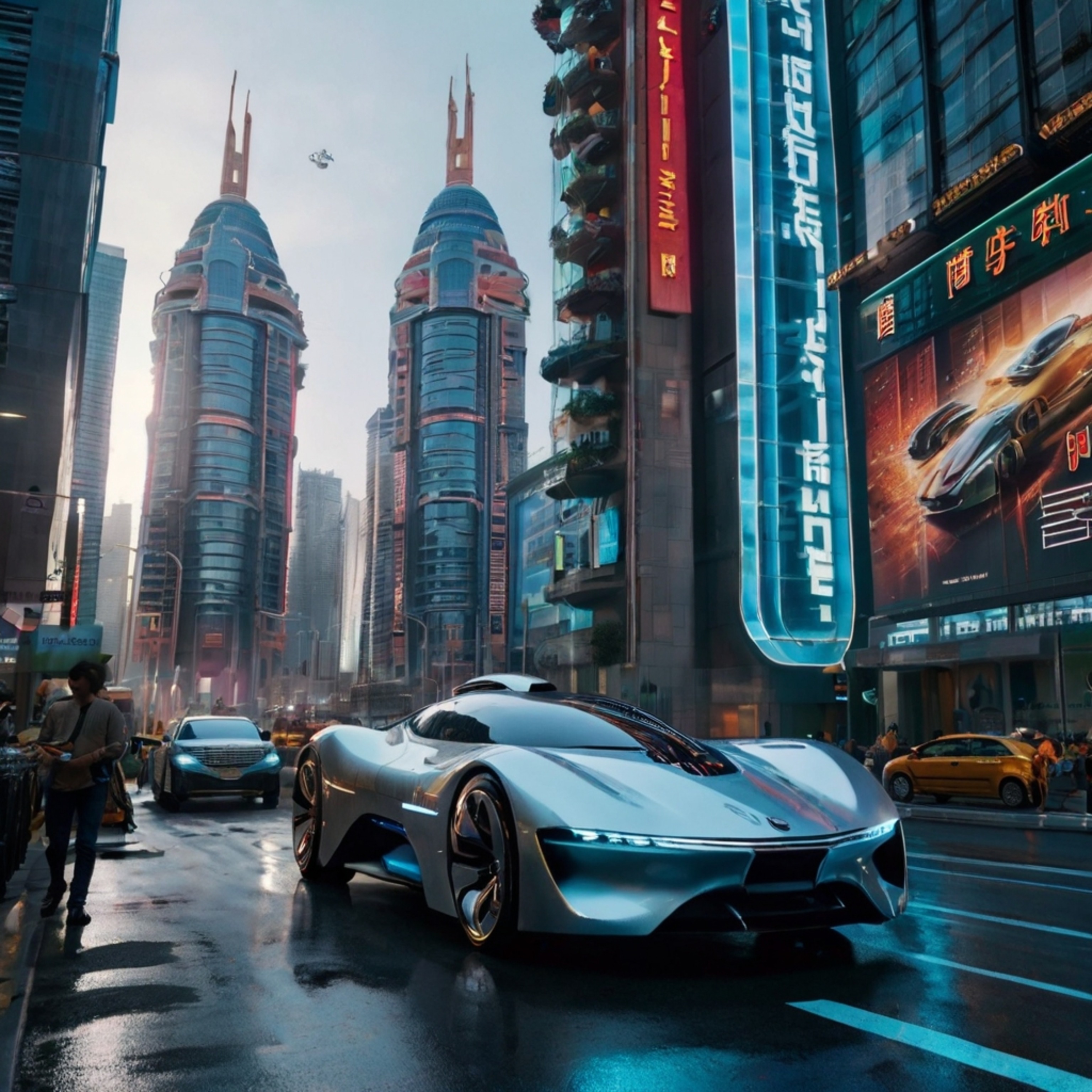 Imagine a breathtaking futuristic city, a vibrant hub of innovation and technology. Towering glass buildings pierce the sky, 