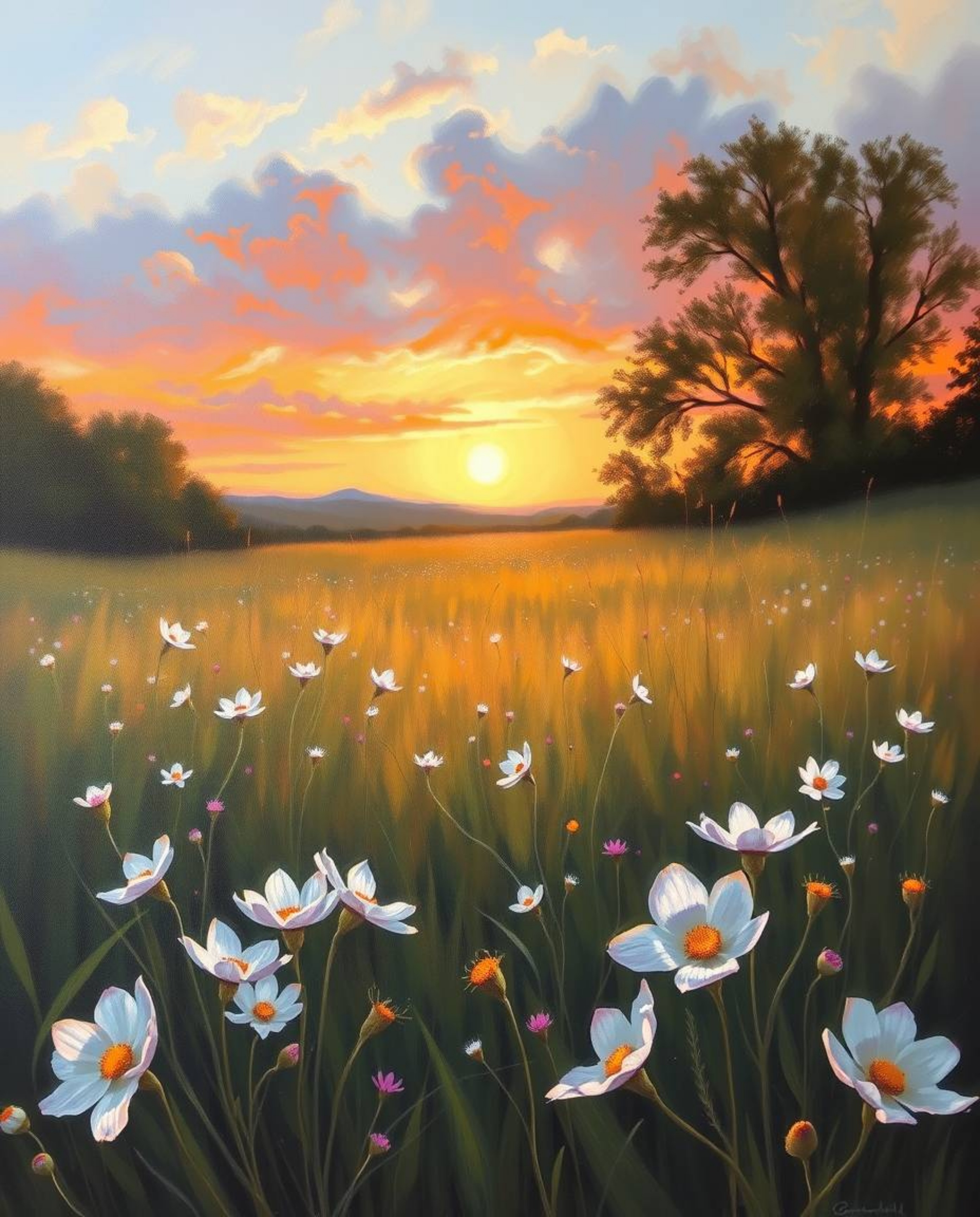 A classic oil painting depicting a graceful and elegant spring sunset over a wildflower meadow. This artwork is distinguished