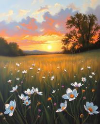 A classic oil painting depicting a graceful and elegant spring sunset over a wildflower meadow. This artwork is distinguished