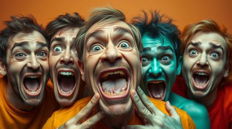 Experience a hilarious gross-out comedy moment captured with exaggerated expressions.  The scene is set against a visually st