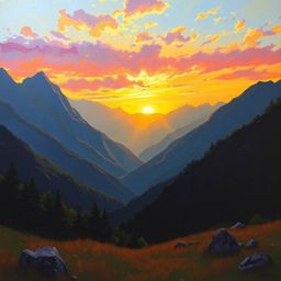 Experience the beauty of a classic oil painting depicting a vibrant sunset over a serene mountain valley.  Rich textures and 
