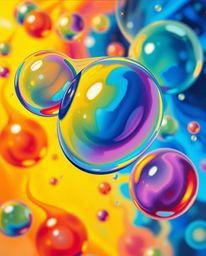 This artwork features a bold acrylic painting showcasing floating 3D blobs of fluid jelly. Vibrant colors and synthetic textu