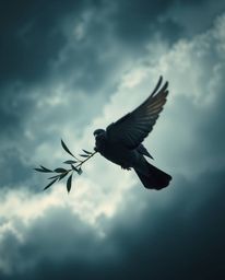 A dramatic image of a jet-black dove carrying an olive branch through stormy skies.  The high-contrast, low-key lighting crea