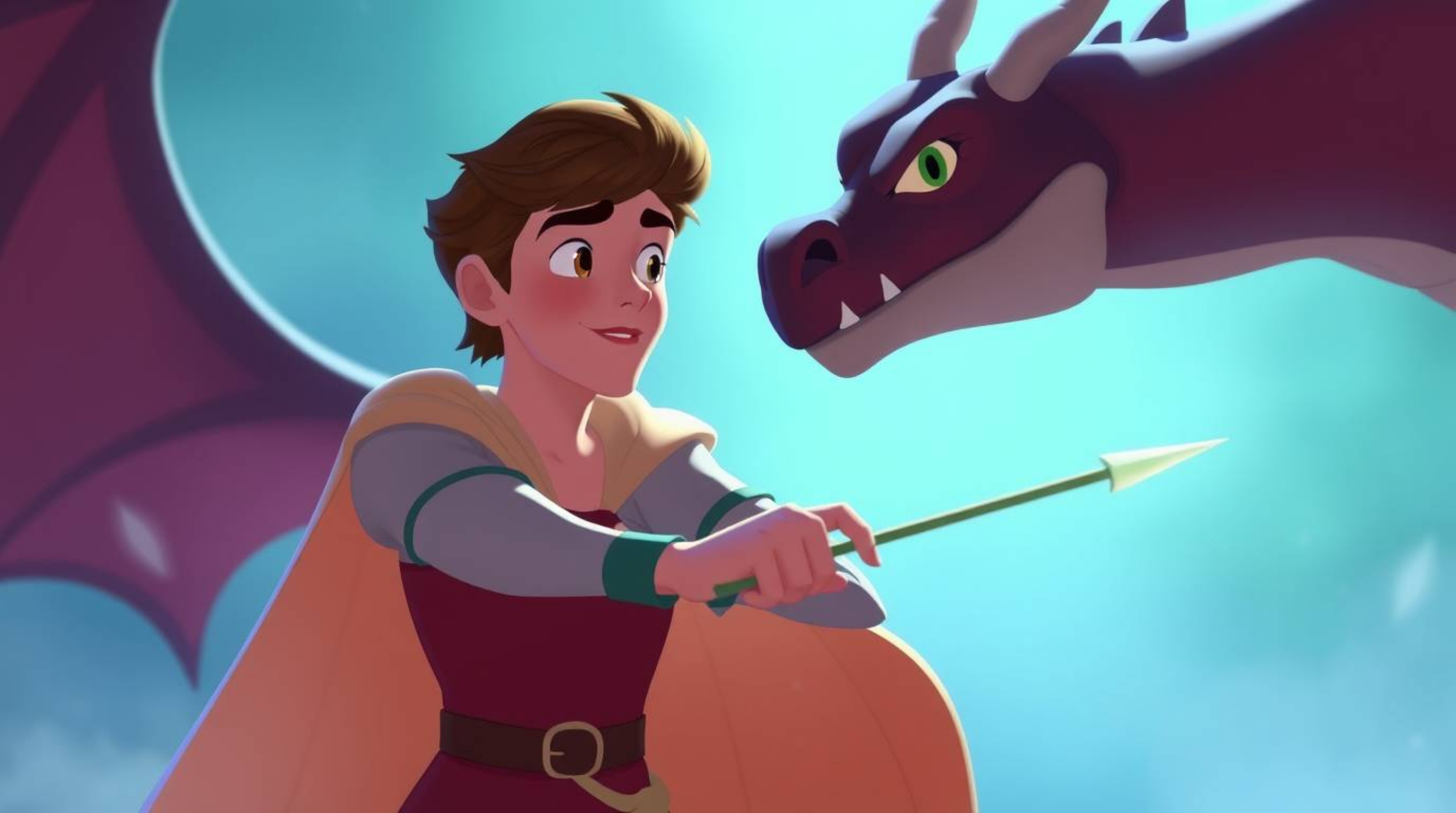 A charming prince with soft features and fair skin battles a dragon in a dreamy, 1950s animation style. The scene is bathed i