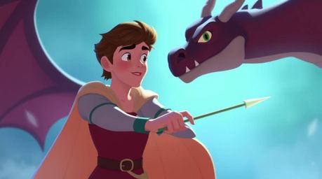 A charming prince with soft features and fair skin battles a dragon in a dreamy, 1950s animation style. The scene is bathed i