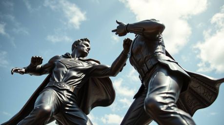 A dramatic, low-angle perspective capturing a bronze cast superhero battling a silly villain.  The antique patina finish enha