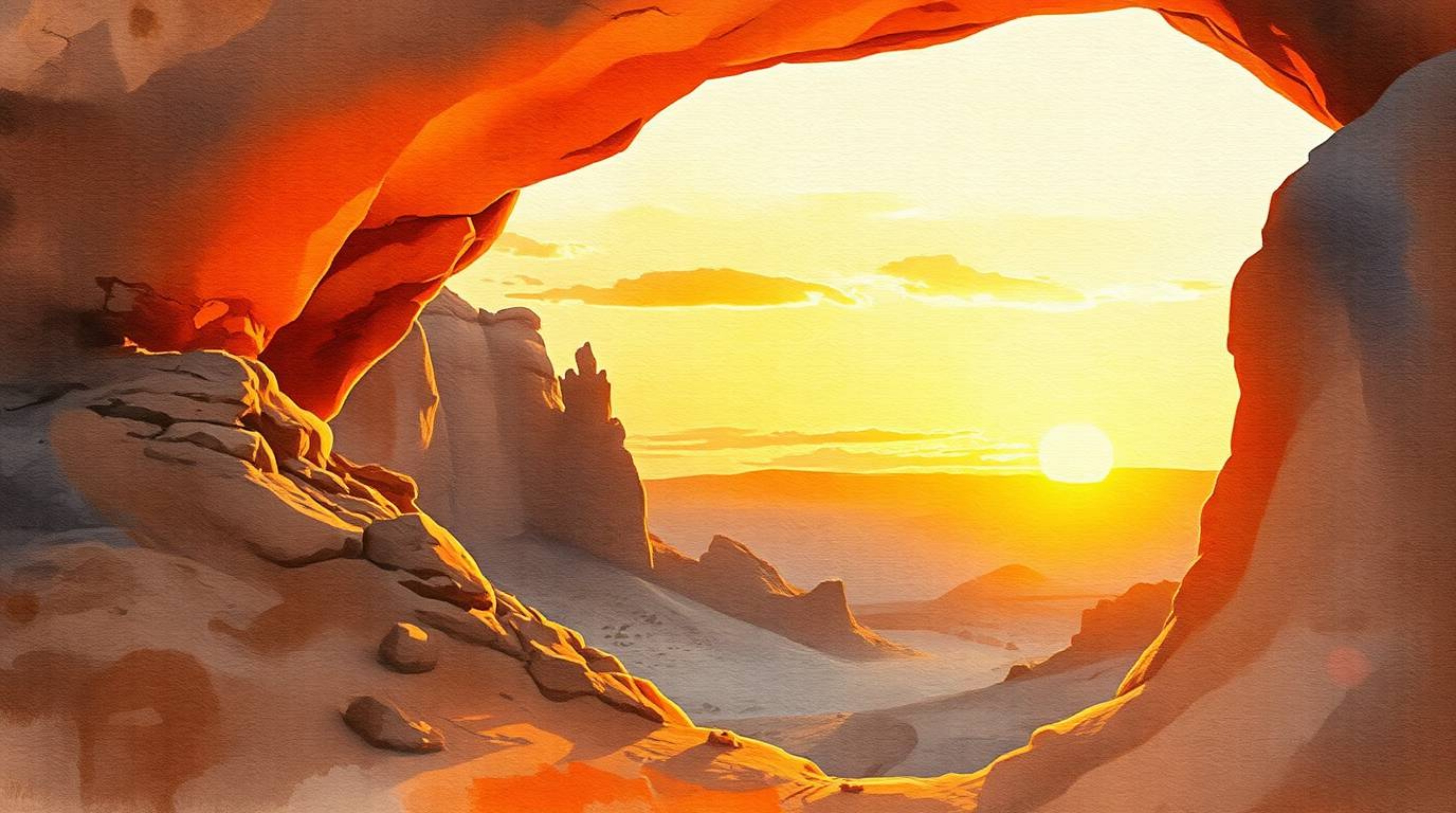 A breathtaking watercolor painting captures a desert sunset viewed through a natural rock arch.  The dramatic cinematic style