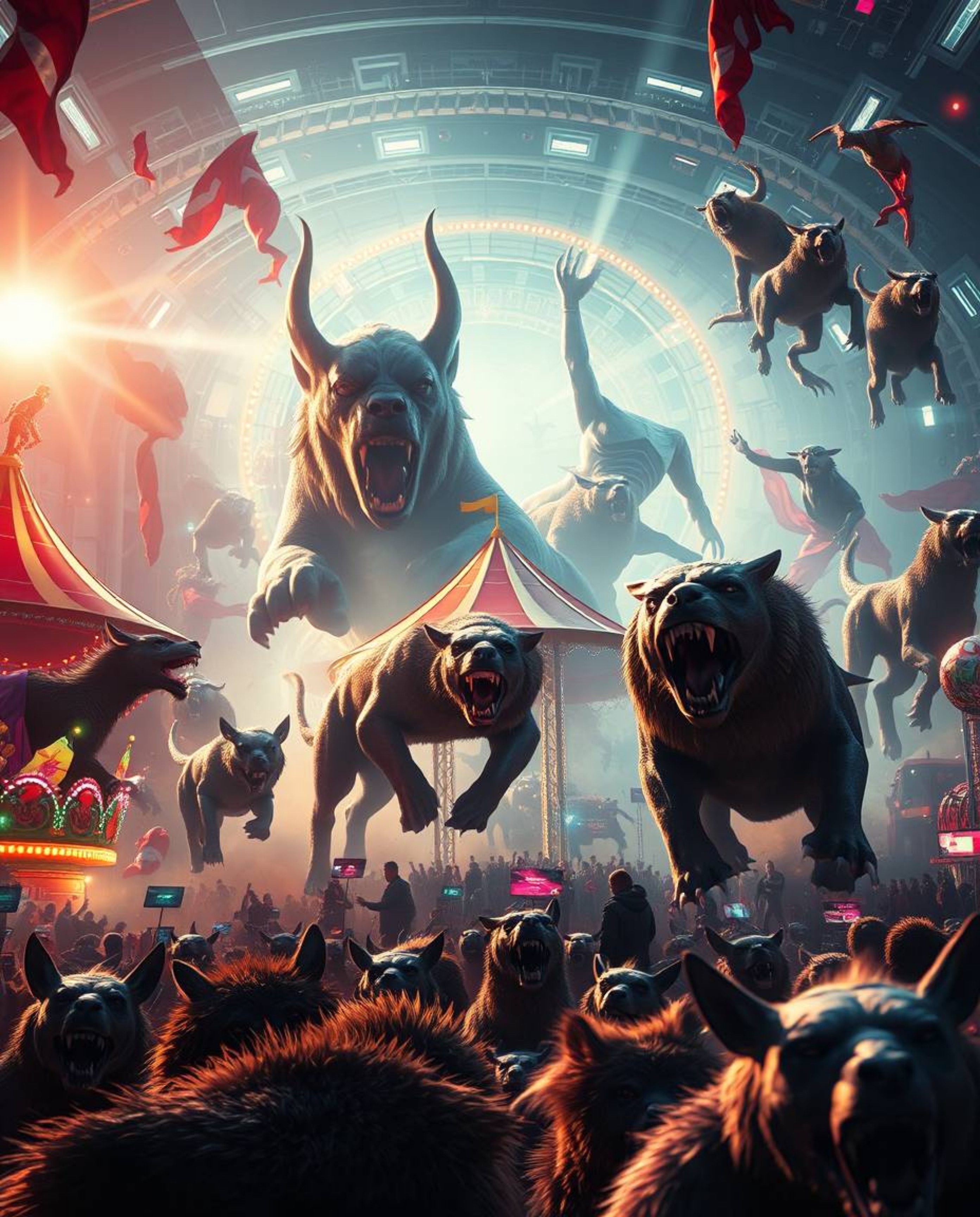 Experience a grand epic scene of a carnival in a modern futuristic setting, unexpectedly overtaken by wild animals. The artwo