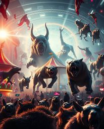 Experience a grand epic scene of a carnival in a modern futuristic setting, unexpectedly overtaken by wild animals. The artwo