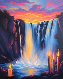 This is a vibrant painting of a dramatic waterfall at sunset, uniquely lit by the warm glow of candlelight. The artwork featu
