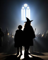 Explore the enchanting world of a magical school brimming with young wizards, bathed in ethereal backlighting. The silhouette