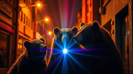 A captivating image of a bear family venturing into an urban setting, radiating a mystical and ethereal vibe.  Bright lens fl