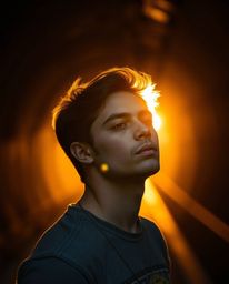 A captivating image depicting a person with sharp features standing at the edge of a tunnel, gazing towards the warm, golden 