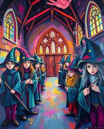 Immerse yourself in a magical school filled with young wizards, depicted in a bold acrylic painting style. Experience vibrant