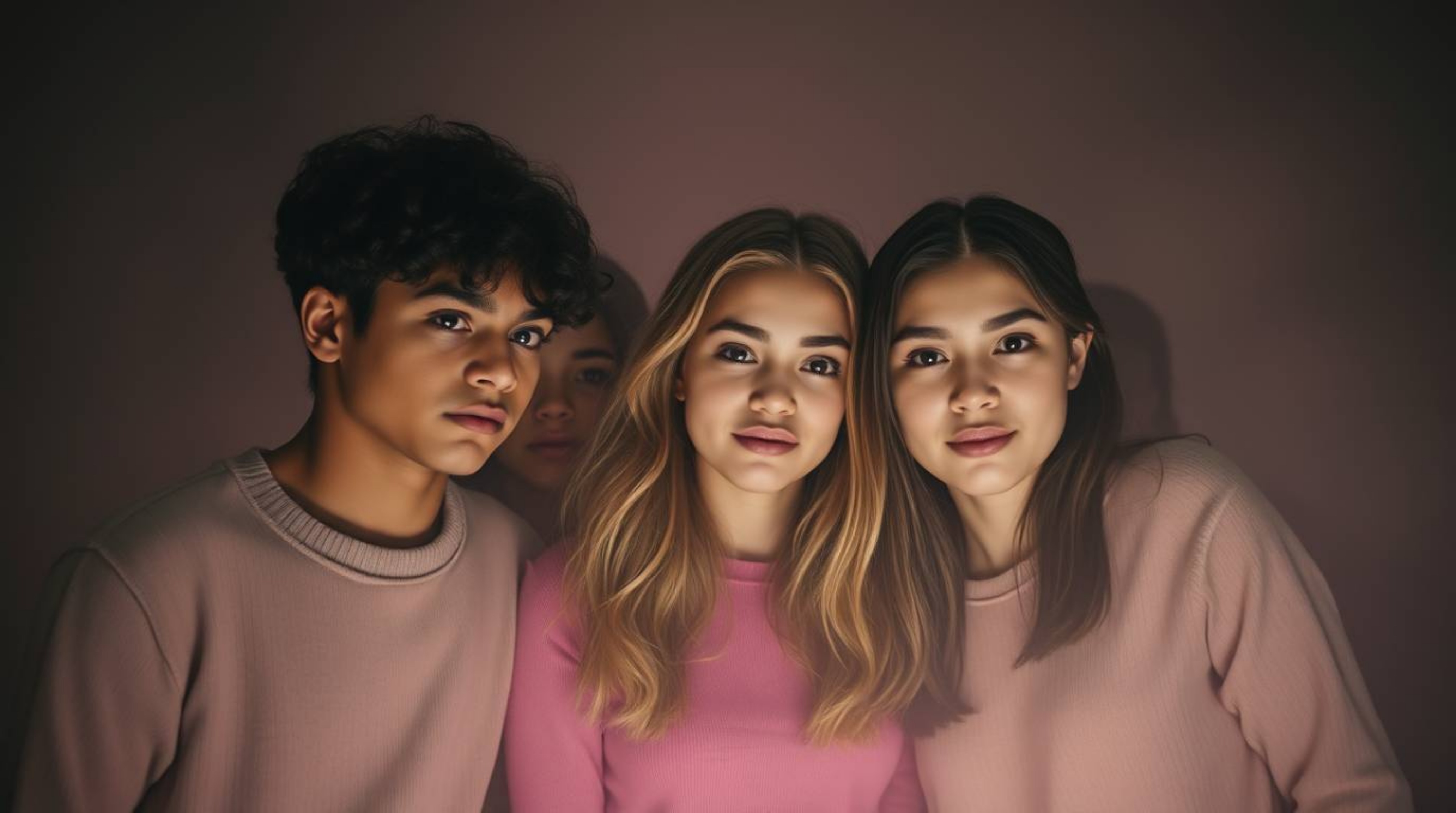 Explore the chilling mysteries of a dimly lit, haunted mansion with a group of diverse teenagers bathed in soft pastel colors