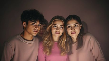 Explore the chilling mysteries of a dimly lit, haunted mansion with a group of diverse teenagers bathed in soft pastel colors