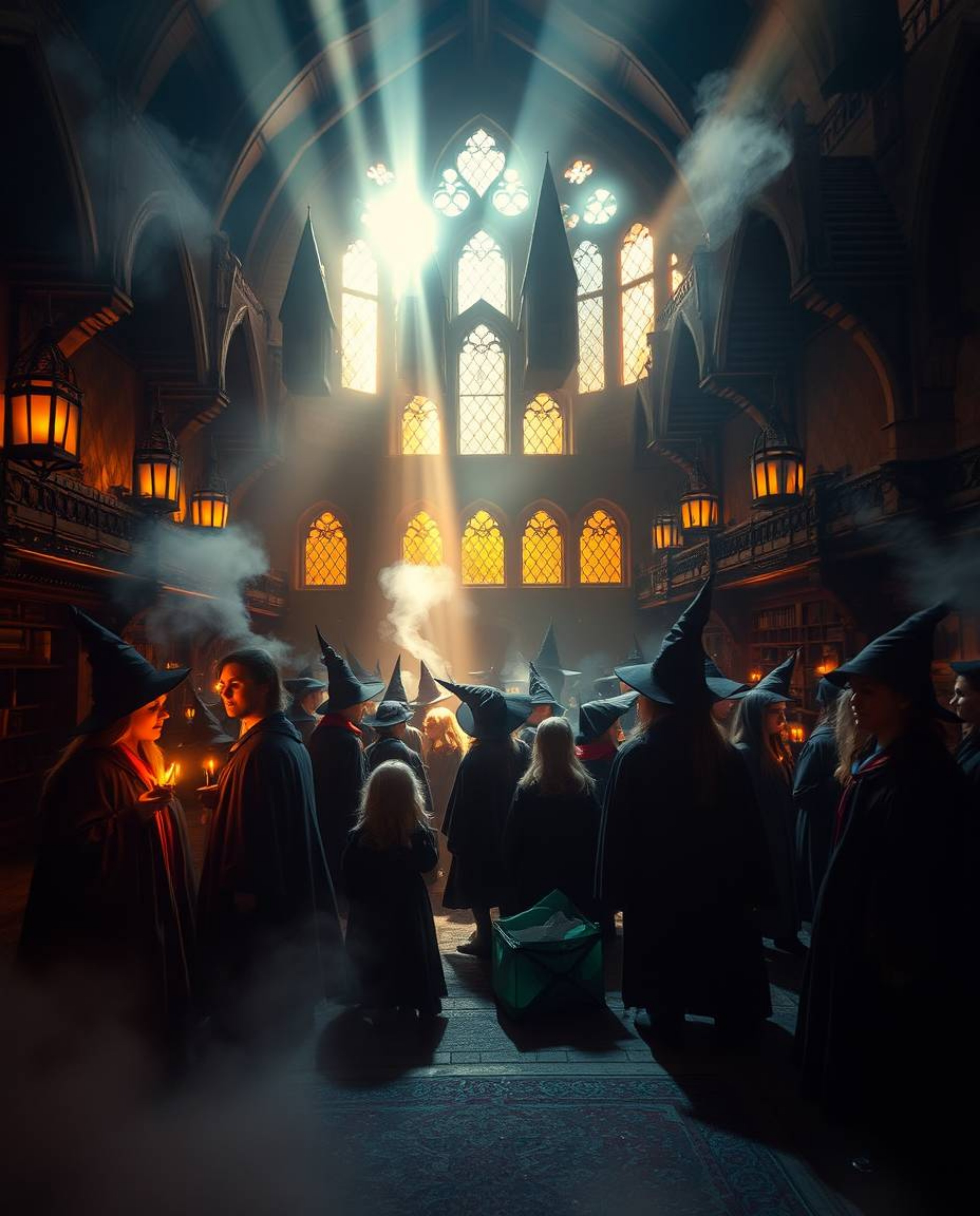 Immerse yourself in a magical school illuminated by volumetric lighting and warm autumnal hues. Young wizards fill the halls 