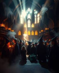 Immerse yourself in a magical school illuminated by volumetric lighting and warm autumnal hues. Young wizards fill the halls 