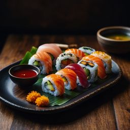A visually appealing image showcasing a perfectly arranged plate of sushi, complete with various dipping sauces. The sushi is