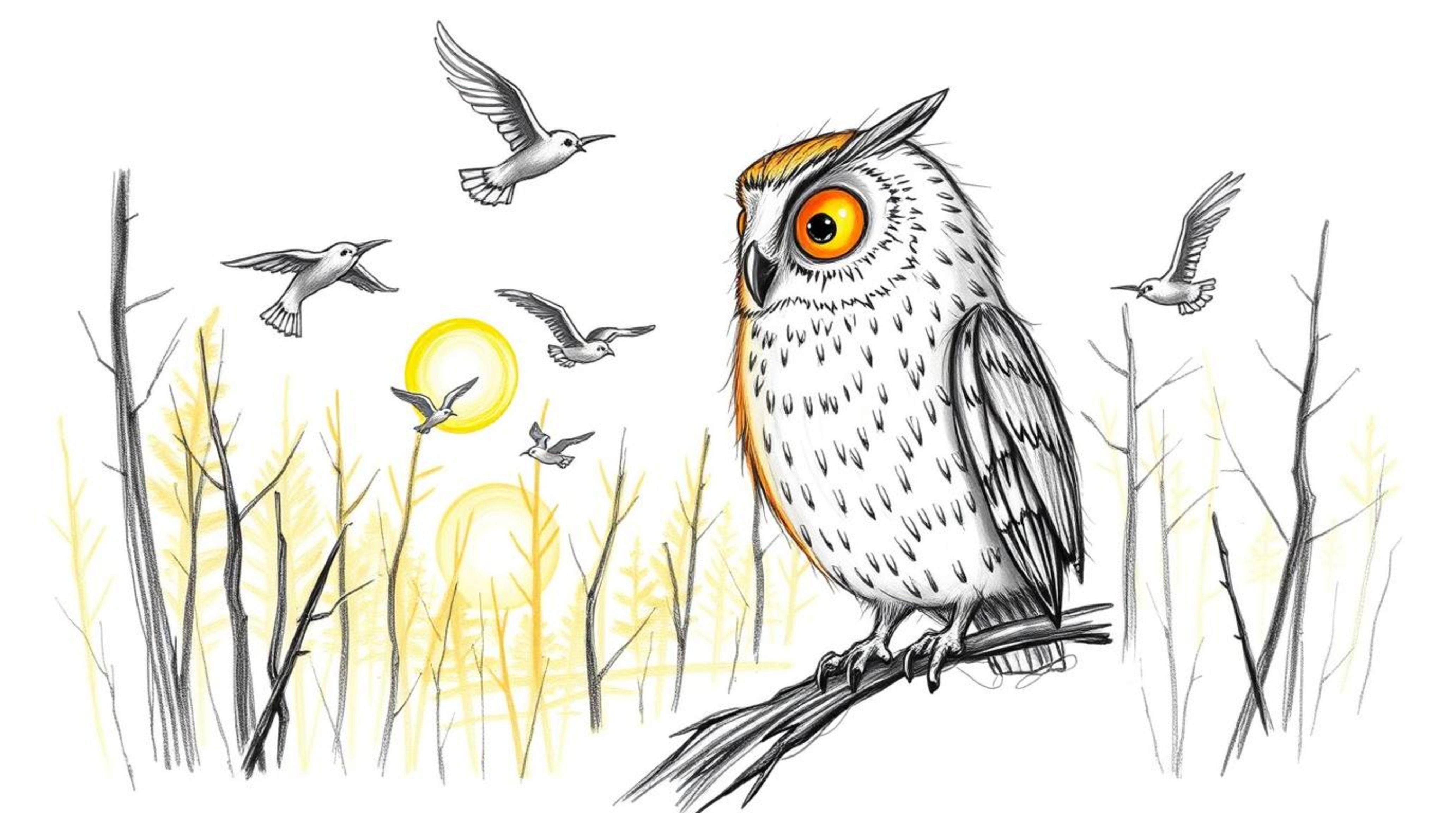 A heartwarming hand-drawn sketch in the style of Pixar depicts a gentle, blind owl with soft feathers guiding a flock of bird