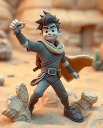 A brave, Disney-style hero embarks on a thrilling desert adventure, captured in a dynamically posed, sculptural clay art styl
