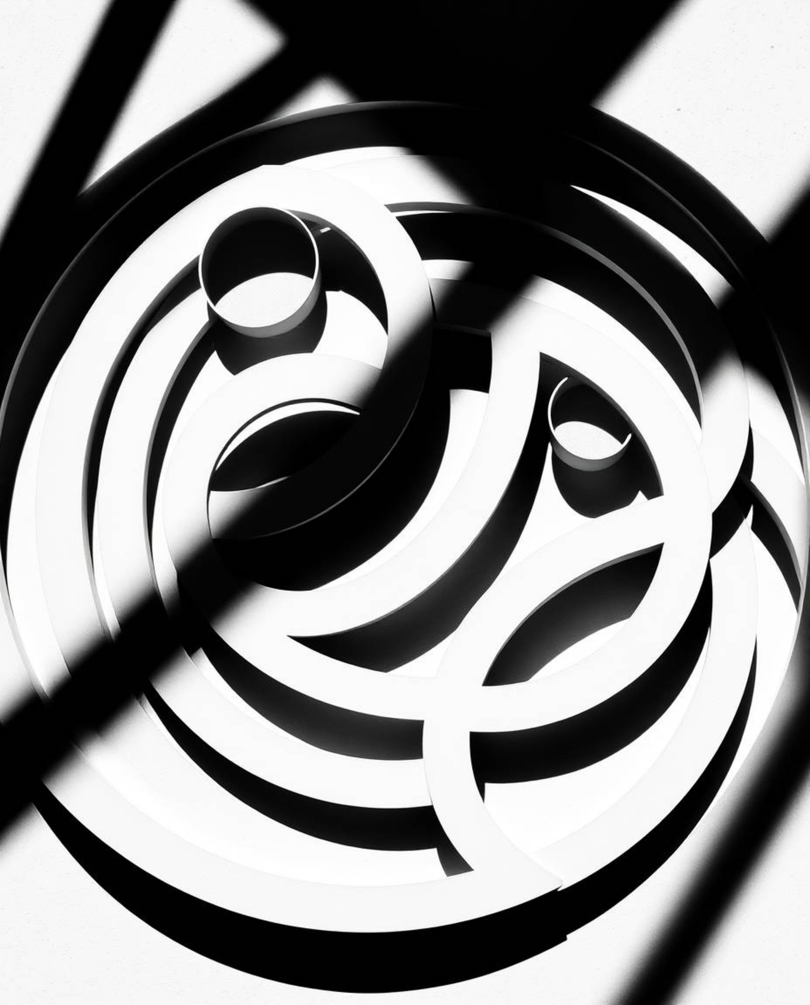A timeless and elegant black and white photograph showcases a minimalist geometric pattern of circles and lines in the Bauhau