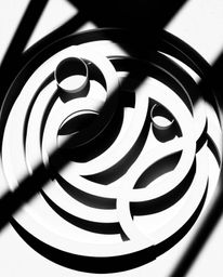 A timeless and elegant black and white photograph showcases a minimalist geometric pattern of circles and lines in the Bauhau