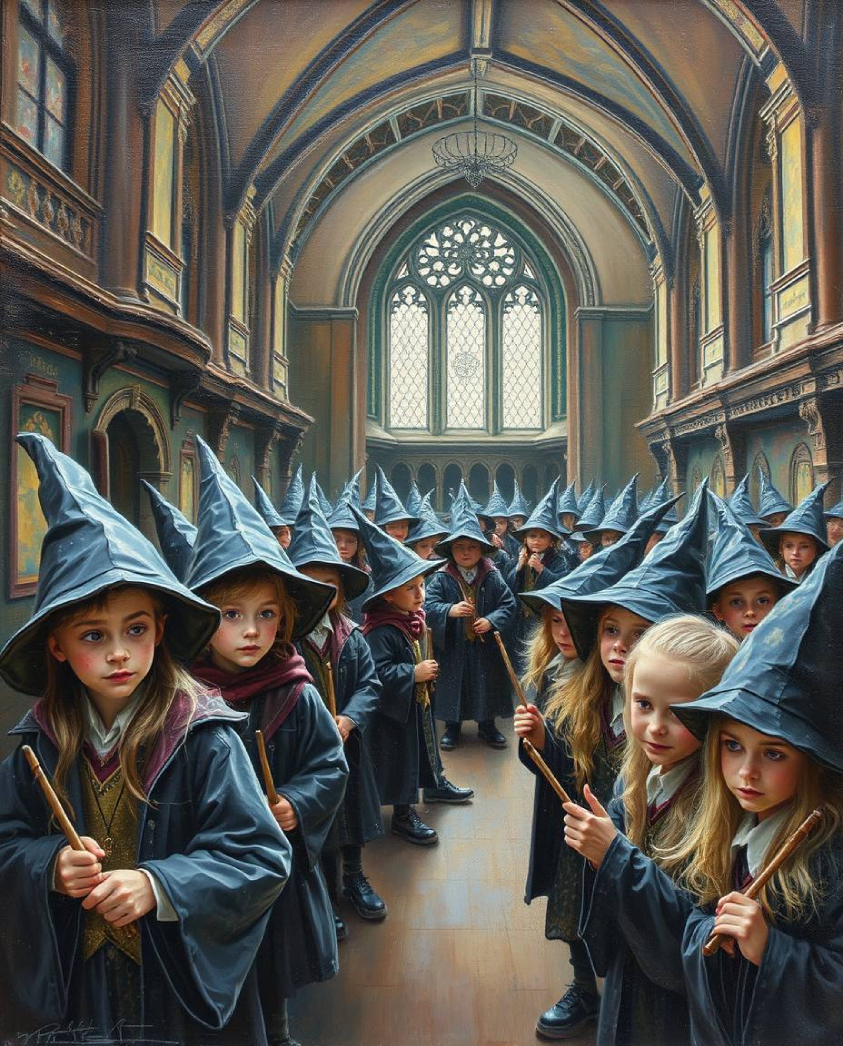 Explore a classic oil painting depicting a magical school bustling with young wizards. This artwork utilizes extreme macro cl