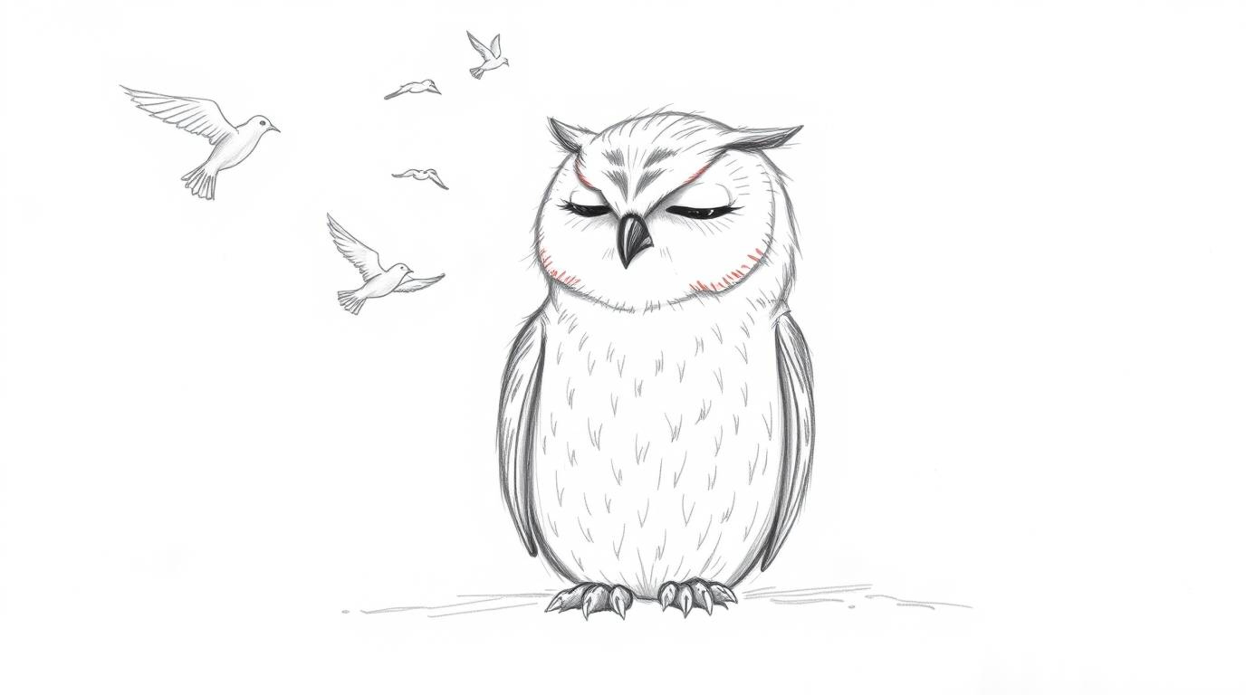 A heartwarming hand-drawn sketch in the style of Pixar depicts a blind owl serenely sitting against a white backdrop while sm