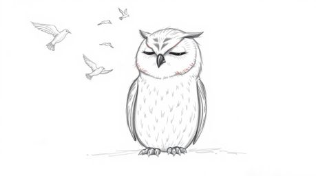 A heartwarming hand-drawn sketch in the style of Pixar depicts a blind owl serenely sitting against a white backdrop while sm