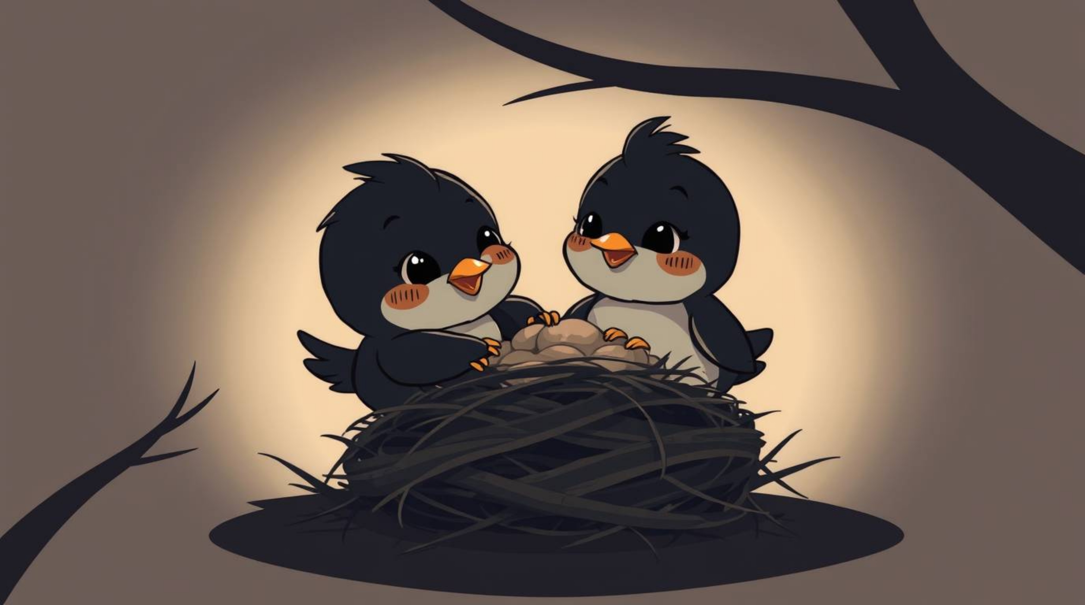 A charming illustration in classic animation style depicts two adorable cartoon birds meticulously constructing their nest. R