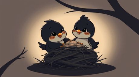 A charming illustration in classic animation style depicts two adorable cartoon birds meticulously constructing their nest. R