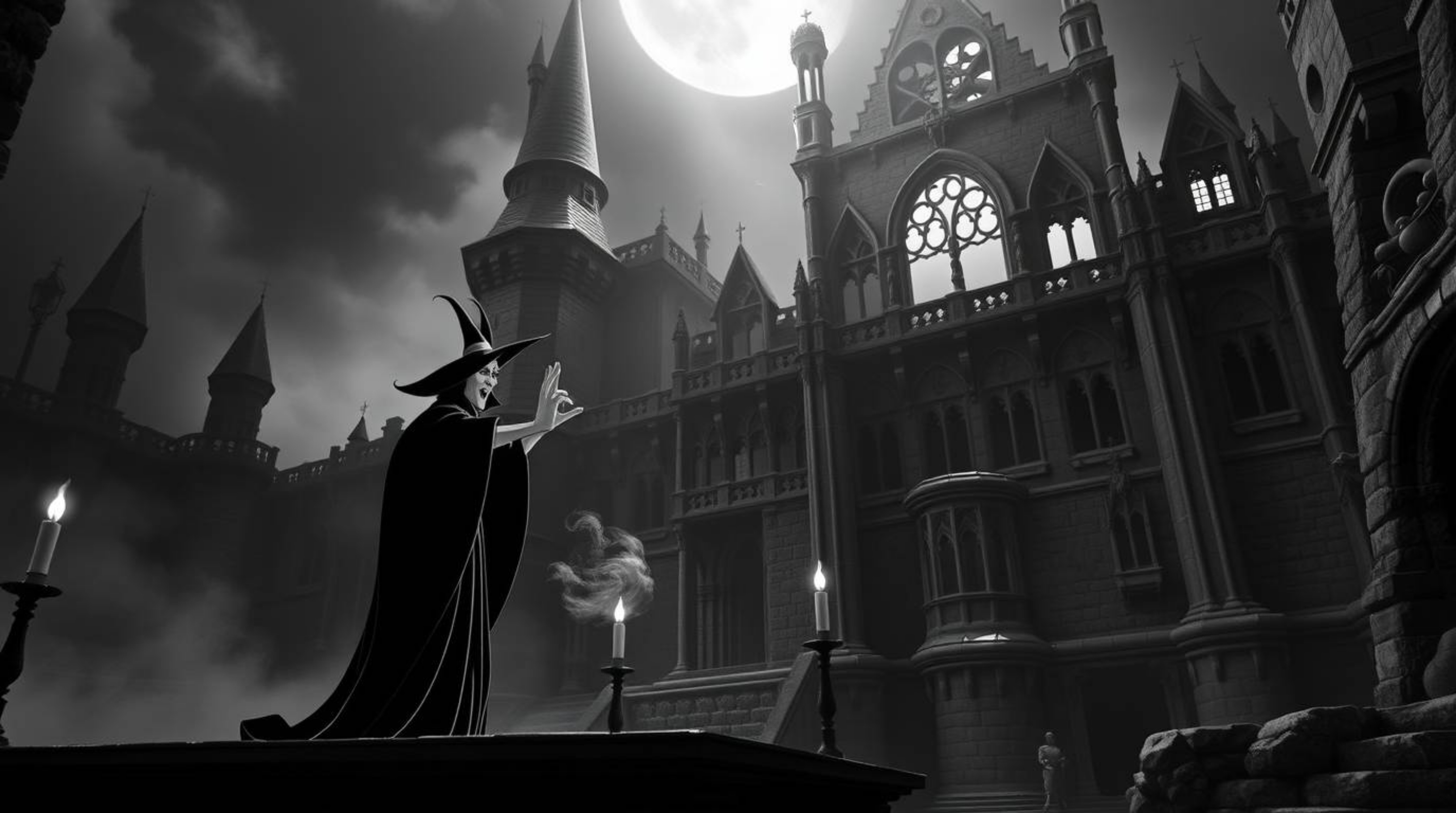 A captivating image depicting a classic Disney villain casting a powerful spell within the imposing walls of an ancient castl