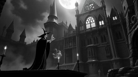 A captivating image depicting a classic Disney villain casting a powerful spell within the imposing walls of an ancient castl