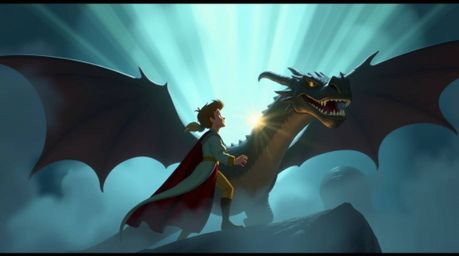 A captivating low-angle shot depicts a charming prince valiantly battling a fearsome dragon. The scene is bathed in dramatic