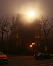 Capture the essence of candid street photography with a warm, spontaneous shot depicting a fog-covered Victorian mansion bath