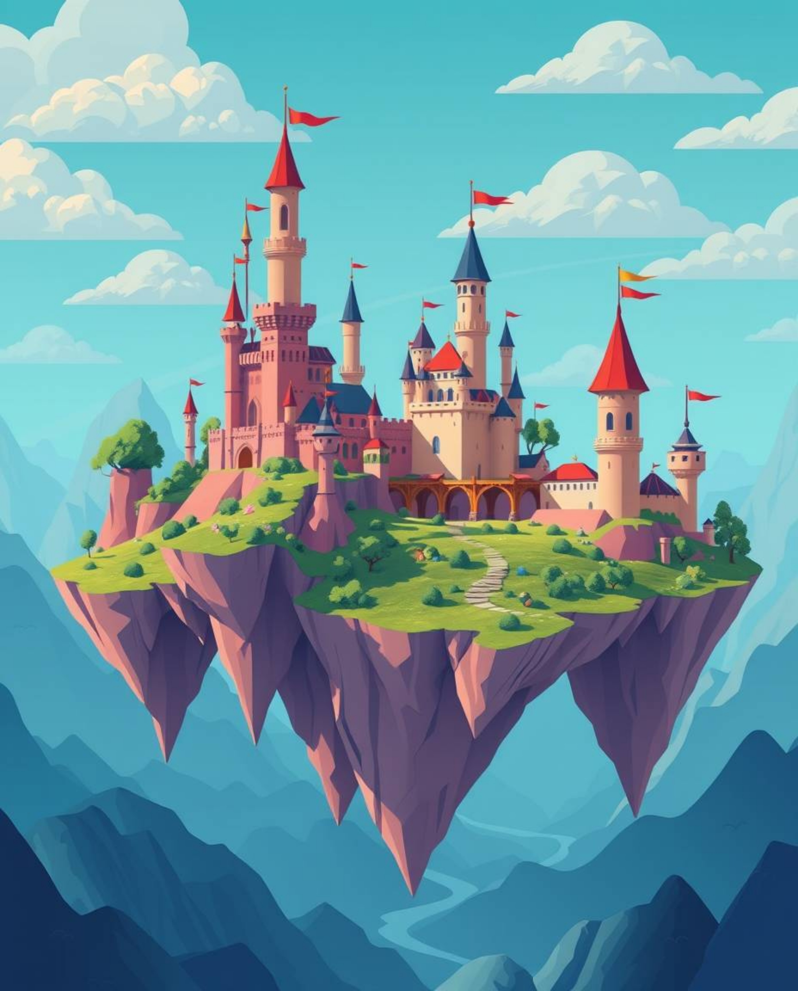 Discover a vibrant kingdom of floating islands and majestic castles, rendered in a stunning cinematic style.  This artwork ut