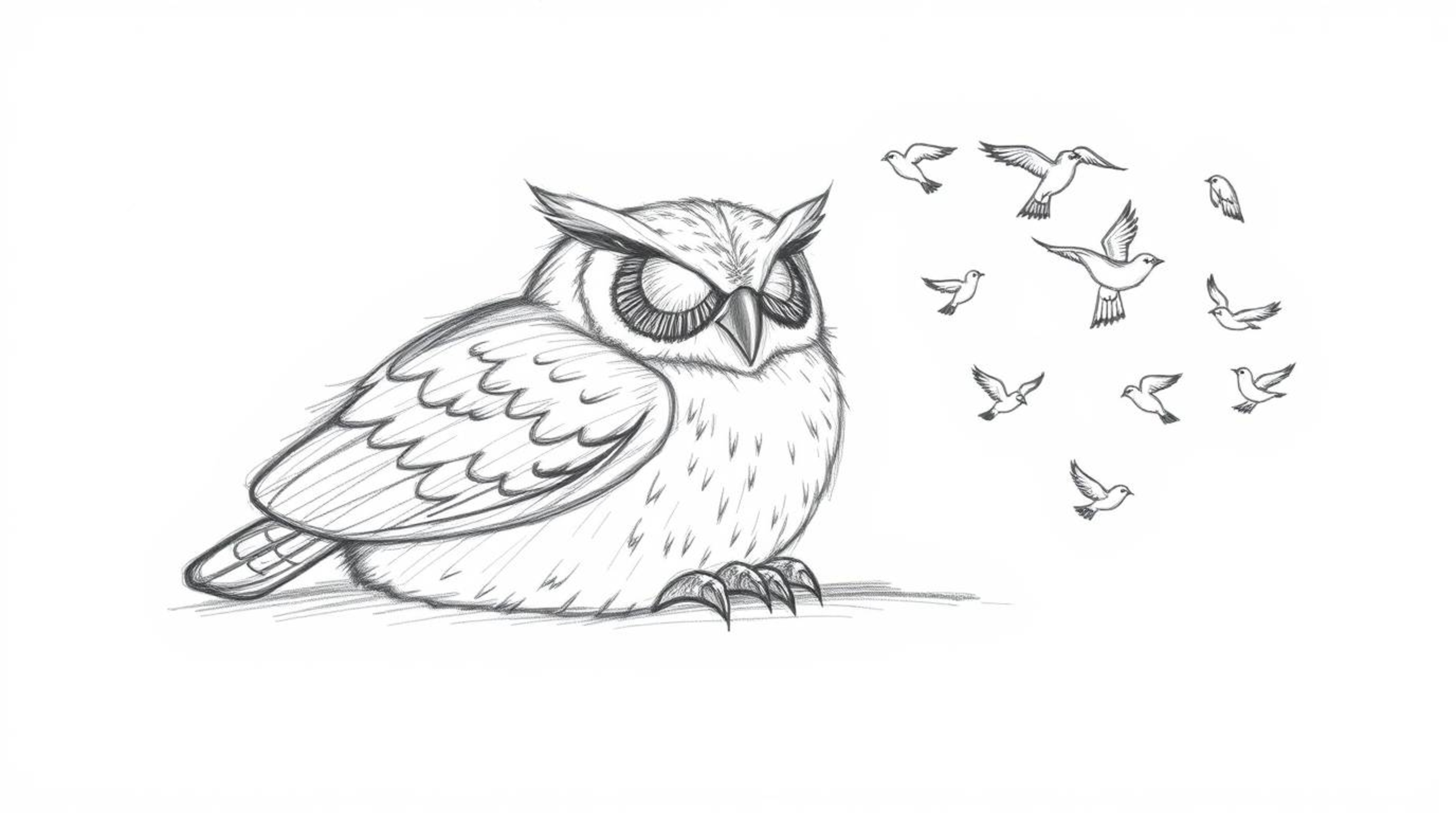 A hand-drawn pencil sketch showcasing a blind owl, rendered in a Pixar-esque style, resting serenely. Small birds fly in a jo