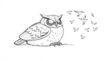 A hand-drawn pencil sketch showcasing a blind owl, rendered in a Pixar-esque style, resting serenely. Small birds fly in a jo