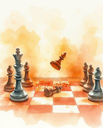 A captivating watercolor painting depicts a chessboard with pieces suspended mid-air in a moment of frozen destruction.  Warm