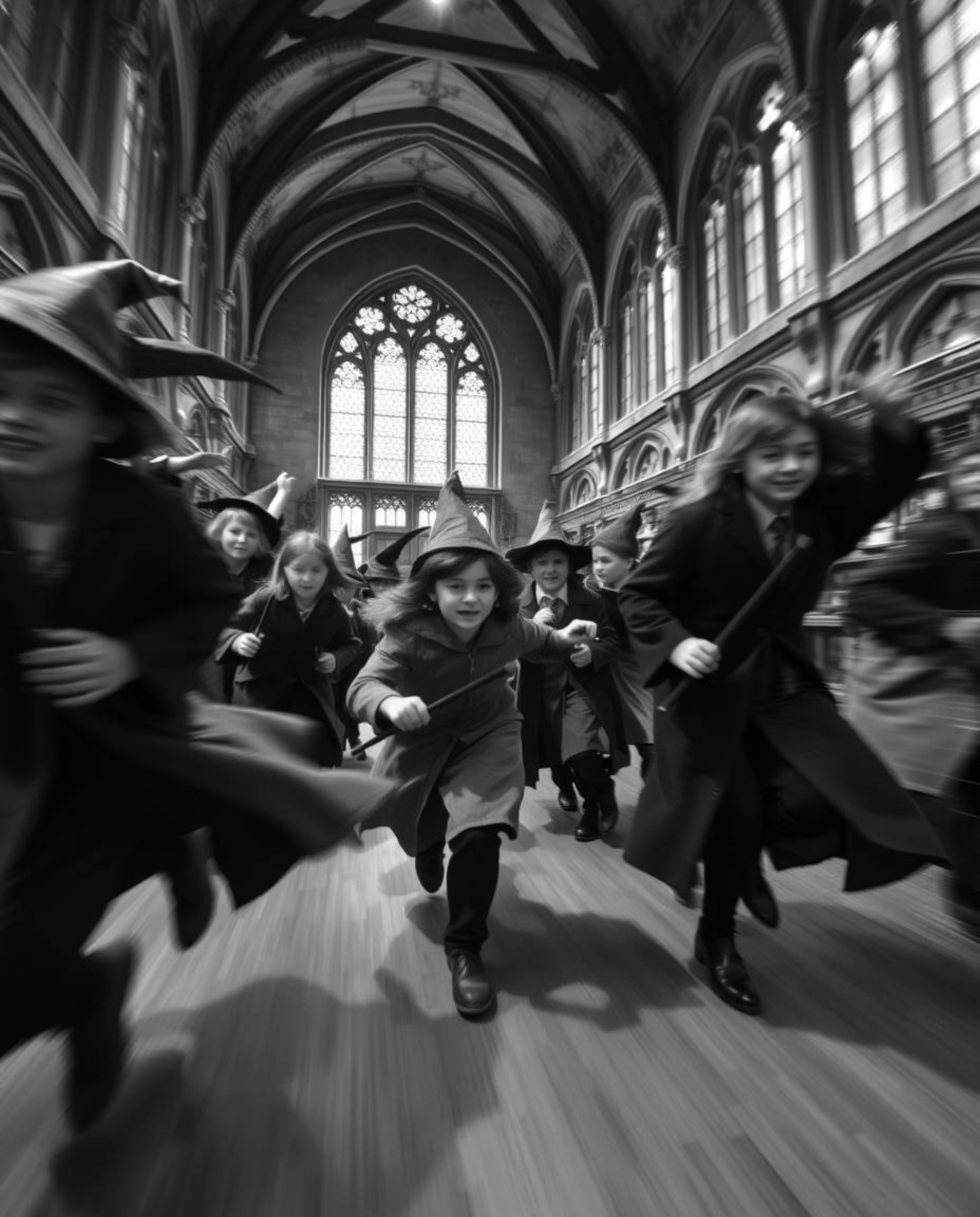 Experience the timeless elegance of a magical school teeming with young wizards in perpetual motion. This classic black and w